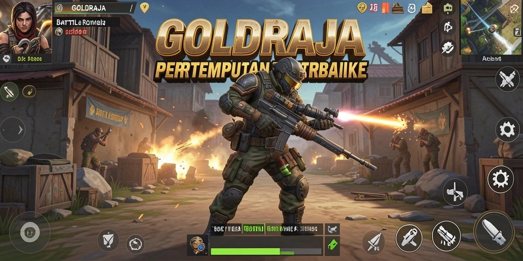 Screenshot GOLDRAJA menampilkan aksi pertempuran sengit di peta yang luas.