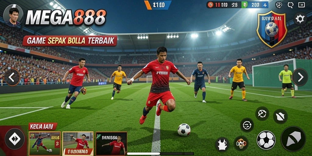 Screenshot gameplay MEGA888 menampilkan aksi seru di lapangan sepak bola.