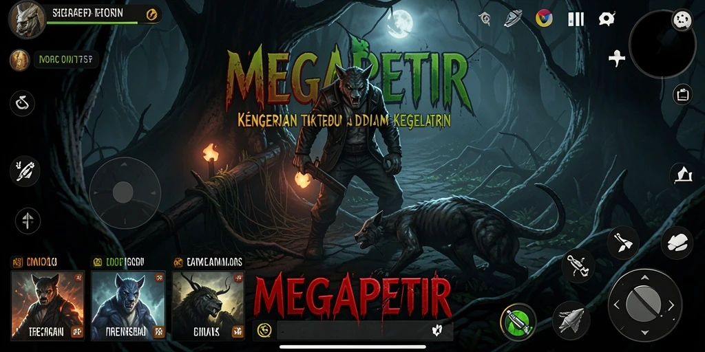 Screenshot gameplay MEGAPETIR dengan suasana mencekam dan karakter dalam kegelapan.