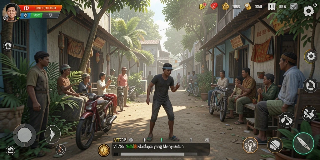 Screenshot VT789 menampilkan karakter dalam interaksi sosial di dunia Simulation.