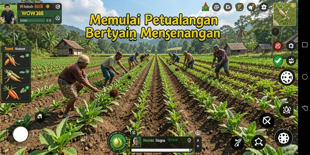 Tampilan permainan WOW388 dengan ladang yang subur dan hewan ternak.